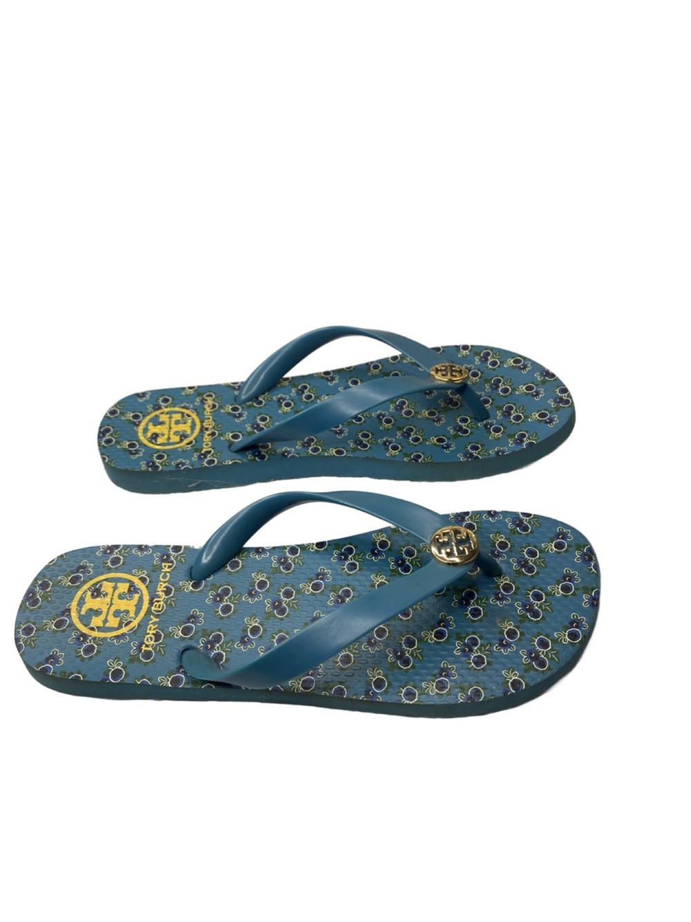 Tory Burch Teal Floral Logo Thong Sandals with Gold Emblem - Picture 3 of 6